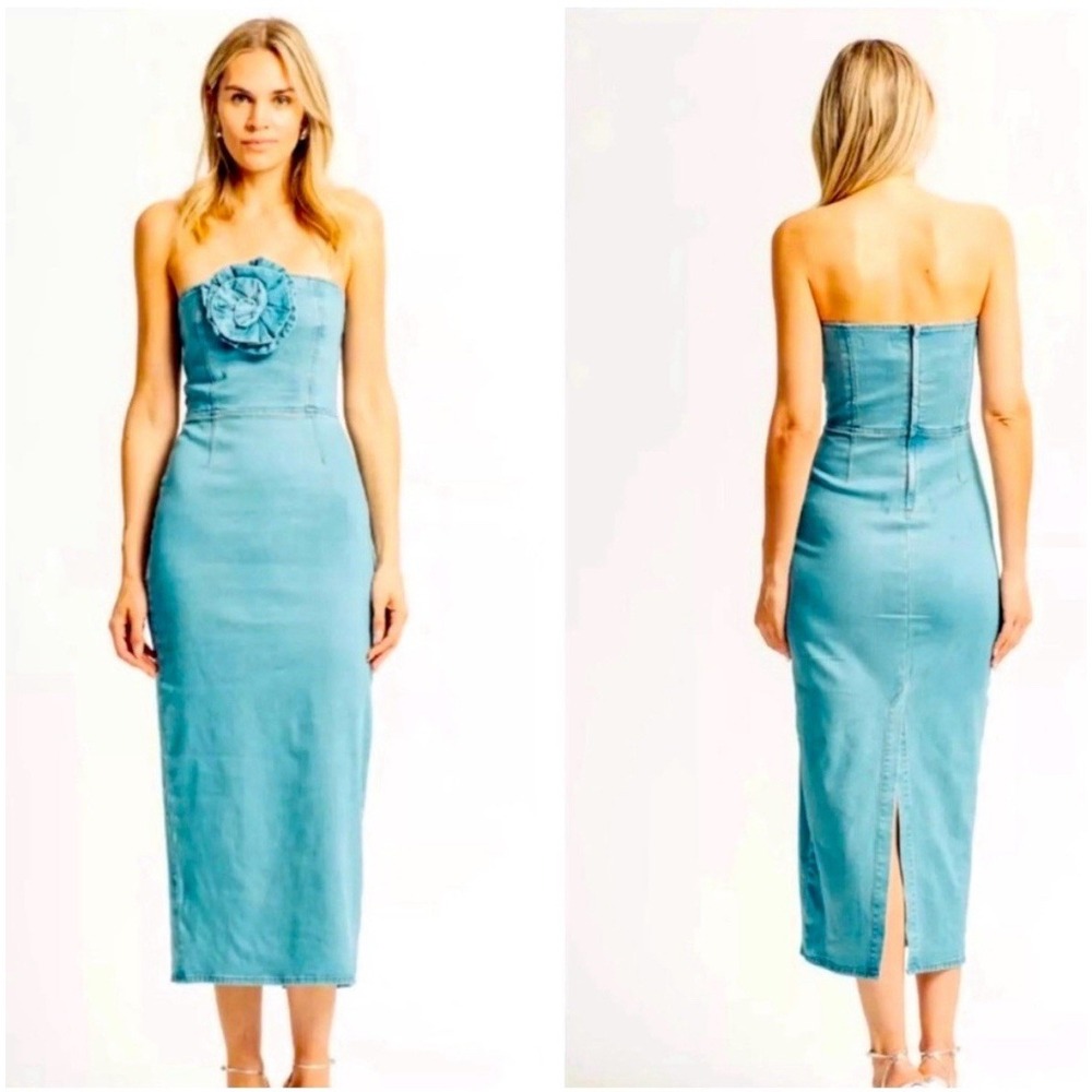 Torn by Ronny Kobo Strapless Teal Midi Dress with Rosette